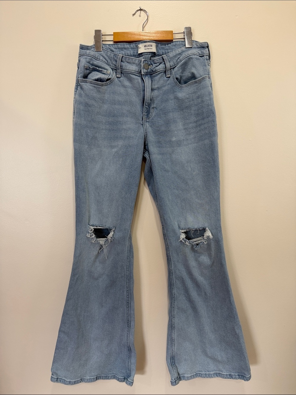 Hollister Light Blue High Rise Flare Jeans with Knee Rips - Long Length - Picture 2 of 9